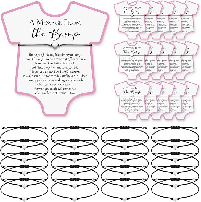 Henoyso 25 Sets Baby Shower Bracelets Adjustable Wish Bracelets Card Heart Charm Baby Shower Party Favor for Guest Gender Reveal Gifts(Pink)