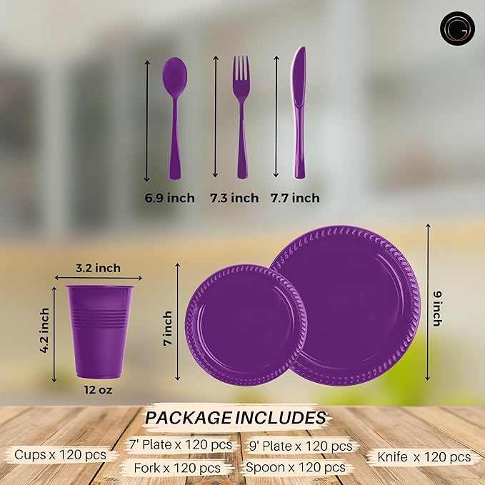 Grandipity 720 Piece Disposable Dinnerware Set, Plastic Dinnerware Set Includes 120 Count 9' Dinner Plates, 7' Dessert Plates, 12oz Cups, Forks, Knives & Spoons - Purple
