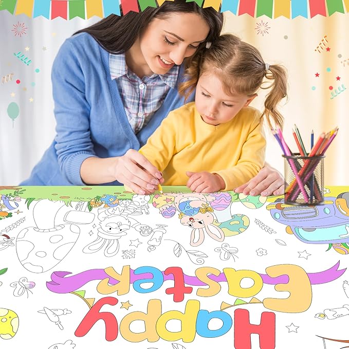 Happy Easter Giant Coloring Poster Large Easter Party Tablecloth for Kids, DIY Truck, Eggs,Rabbits, Chickes, Letters, Coloring Party Activity Poster & Table Cover,53x33 inches Jumbo Banner