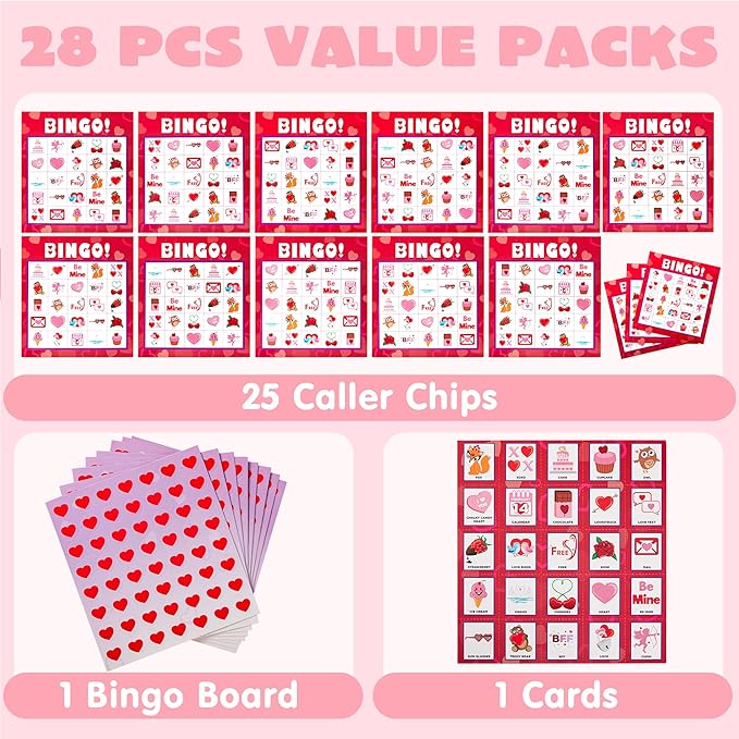 JOYIN Valentines Day Bingo Game Cards (5x5) – 28 Players for Kids Party Gift, School Classroom Love Supplies, Family Entertainment Activities
