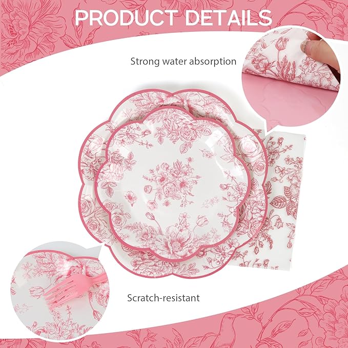 96pcs Pink Party Plates - Pink Flower Paper Plates, Cups and Napkins Spring Graden Dessert Plates for 24 Guests Party Table Supplies for Tea Party Baby Shower Brial Shower Birthday Wedding