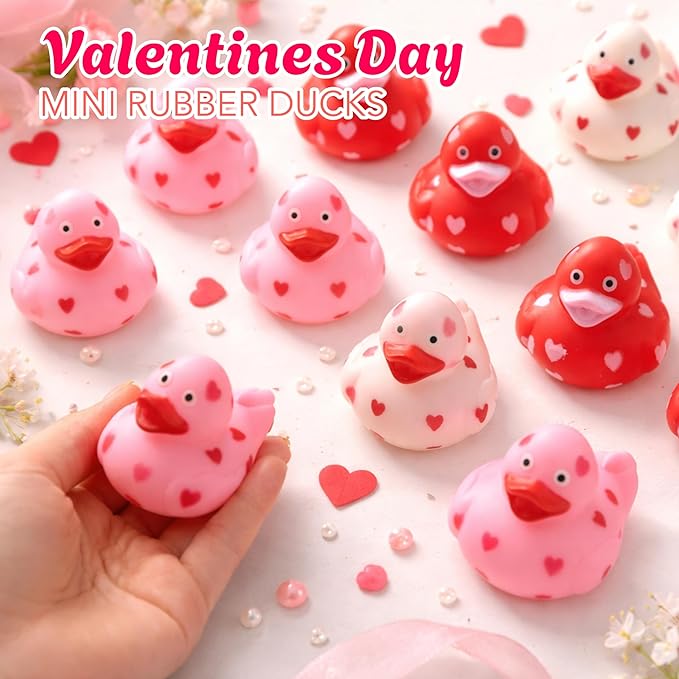 4E's Novelty 24 Pack Valentines Day Rubber Ducks - Bulk 2" Heart Themed Duckies for Jeep Ducking, Classroom Exchange Gifts for Kids School, Prizes, Giveaways, Party Favor Handouts