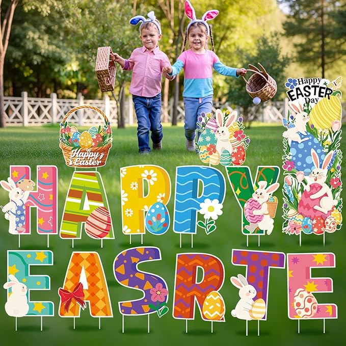 15PCS Happy Easter Yard Signs Set, 34” Large Happy Bunny & Egg Outdoor Easter Decorations on H-Shaped Metal Stand, Outdoor Lawn & Garden, Easter Party, Pathway, Patio, Spring Holiday