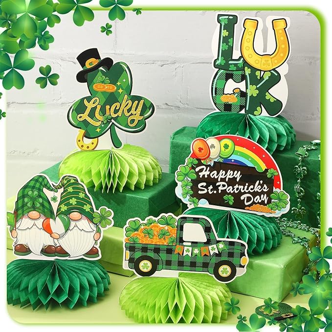 JULMELON St. Patrick's Day Table Decorations Honeycomb Centerpiece, 8pcs Shamrock Leprechaun Lucky Gold Coin Table Topper Irish Party Home Decor