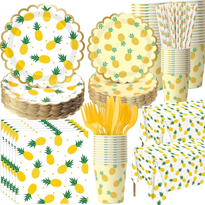 Ceenna 452 Pcs Pineapple Party Supplies for 50, Summer Fruit Paper Plates Napkins Cups Tablecloth Cutlery Straw Yellow Disposable Tableware for Birthday Bridal Baby Shower Wedding Party Decoration