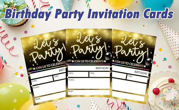 CLIRBE Let's Party Birthday Party Invitations, Golden And Black Invited Birthday Invitations For Teen Boys Girls, 20 Invites Cards With 20 Envelopes, Party Supplies Favors -H13