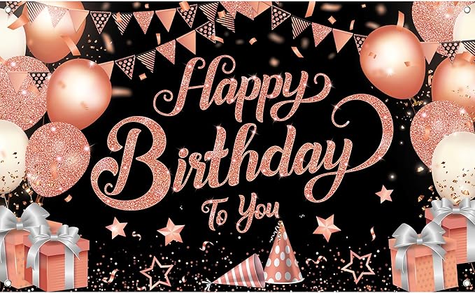 KatchOn, XtraLarge Rose Gold Happy Birthday Banner - 72x44 Inch | Black and Rose Gold Happy Birthday Decorations for Women | Rose Gold Party Decorations, Bday Backdrop for Girls