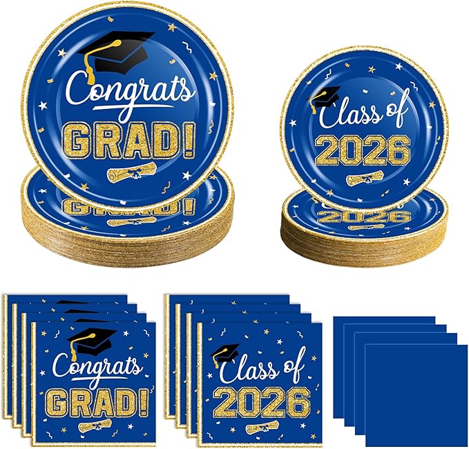 2026 Graduation Party Supplies Tableware Set - 200 Pcs Blue Gold Graduation Plates and Napkins Class of 2026 Disposable Dinnerware for College High School Congrats Grad Party Favors, Serve 50