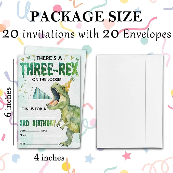 3RD Birthday Party Invitations- There's A Three-Rex On The Loose - 20-Pack of 4''x6'' Invite Cards with Envelopes, Double-Sided Fill In Birthday Party Celebrate Supplies & Decoration For Boys - A06