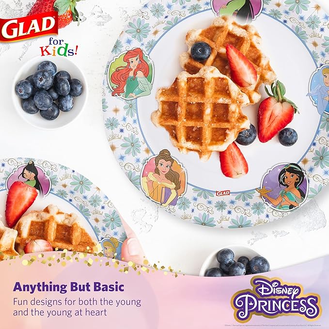 Glad for Kids Disney Princess Disposable Paper Plates, Floral Frames - Heavy Duty, Soak Proof, Microwavable, Kid-Friendly Snack Plates for Everyday Use, 10 Inch, 30 Count