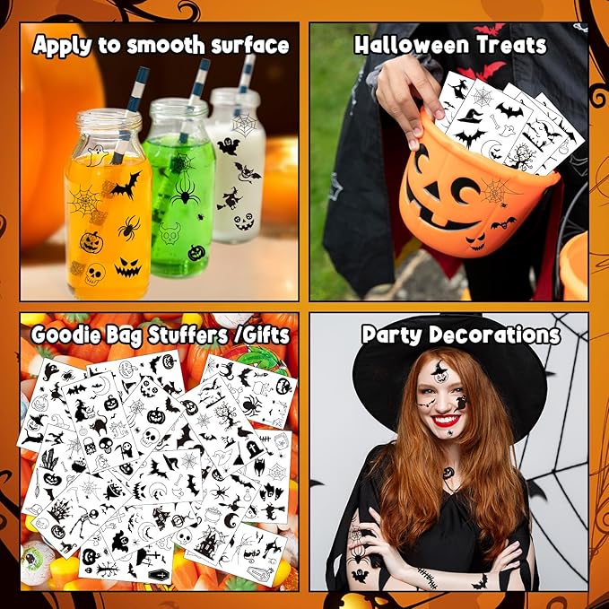 XZENTIRA 182 PCS Halloween Waterproof Temporary Tattoo Stickers 15 Sheets Bat Spider Fake Tattoos for Adults and Halloween Decorations, Trick or Treat Gifts and Makeup Decorations