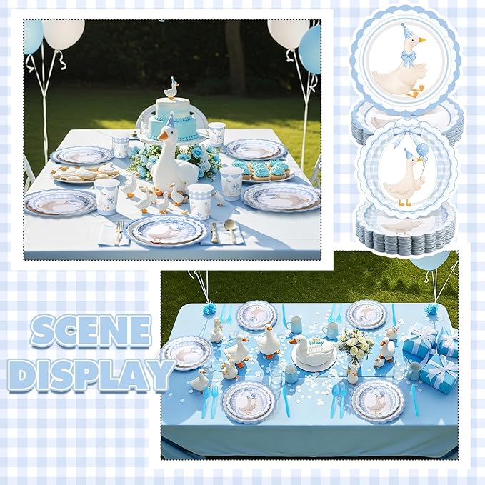Zhehao 350 Pcs One Silly Goose Birthday Party Tableware Set Blue Scalloped Baby Shower Plates Cup Napkins Forks for Birthday Party Decorations Supplies for 50 Guests