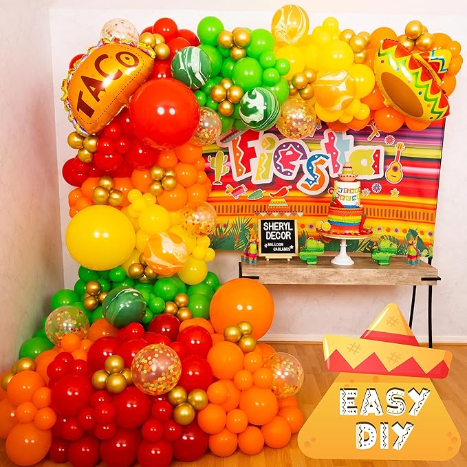 ALL-IN-1 Mexican Balloons Arch Kit & Garland with BONUS Taco Small and Large Red Yellow Orange Green Fiesta Balloons Mexican Party decorations & supplies for birthday, Cinco De Mayo
