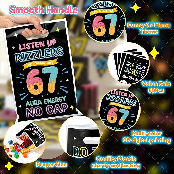 6 7 Meme Party Favor Bag 50Pcs Funny 6 7 Birthday Goody Candy Treat Gift Bags, Six Seven Number Ice Cream Theme Party Decorations for Kids Six Seven Birthday Holiday Party Supplies