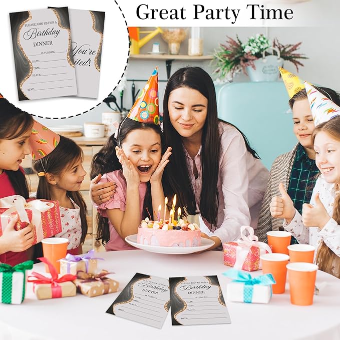 Black and Gold Birthday Party Invitation, Dinner Invitations Card for Girls, Teens, Adults, Birthday Dinner Invitation, 20 Party Invitations with Envelopes