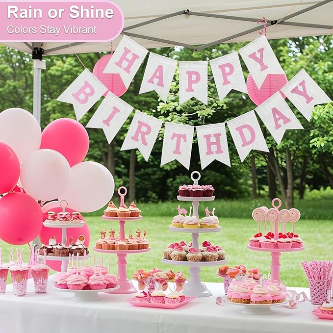 Happy Birthday Banner - Pre‑Strung Burlap Birthday Decorations and Reusable Birthday Sign for Men, Women & Kids | Party Supplies Backdrop (Pink)