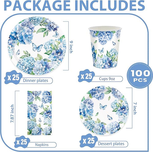 100pcs Hydrangea Party Supplies Paper Plates Napkins Cups Hydrangea Floral Tableware Set for Summer Wedding Birthday Tea Party Supplies Serve 25 Guests
