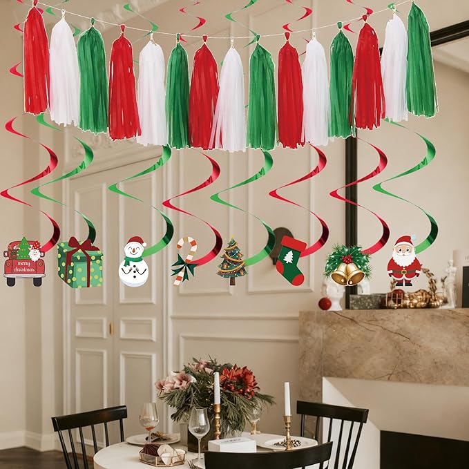 Christmas Party Decorations Set – Merry Christmas Banner, Red Green White Tassel Garland, Paper Fans & Hanging Swirl Ornaments with Xmas Cutouts – Holiday Christmas Decorations for Home, Office, School