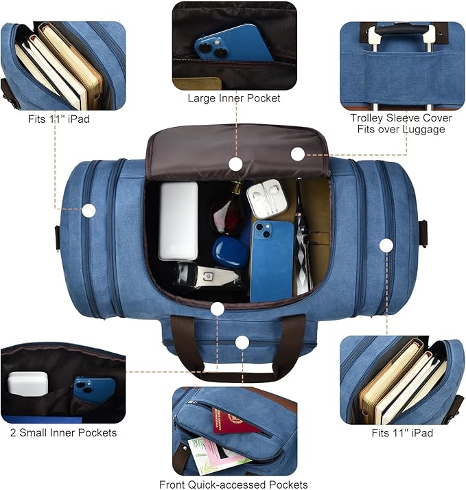 Litvyak Duffle Bag for Travel, 50L Canvas Travel Duffel Bags Overnight Weekend Gym Carry On Luggage Bag for Men & Women(Blue)