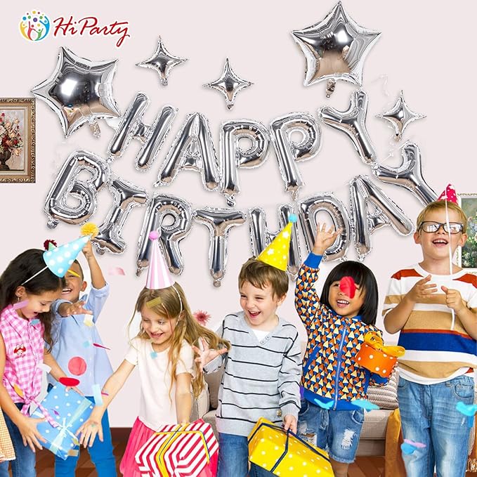 23 Pcs Happy Birthday Balloons Banner, 16 Inch Silver Balloons Mylar Foil Letter with 5pcs Star Balloons Kits for Kids Boys Men Women and Girls Birthday Party Decoration Supplies
