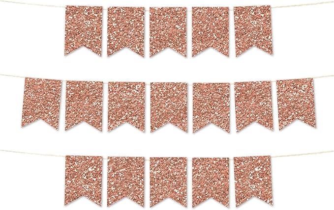 Andaz Press Hanging Pennant Banner with String, Faux Rose Gold Glitter, 1-Set, 24 Pennants, Approx. 12-Feet Long