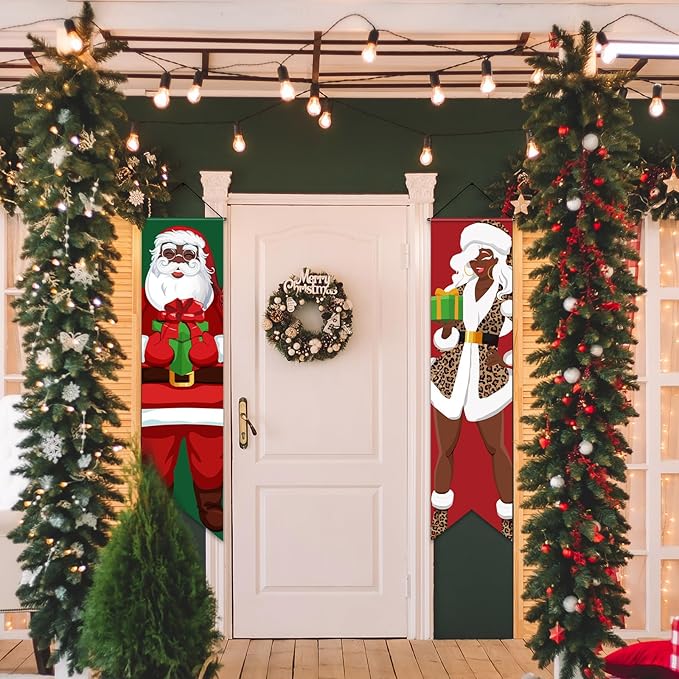 Blulu 2 Pack Christmas Porch Banners African American Christmas Porch Signs Black Santa Xmas Porch Sign Banners for Winter Holiday Party Indoor Outdoor Front Door Wall Yard Hanging Decorations