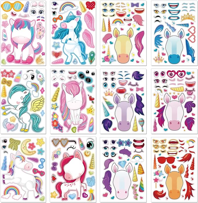 24 Sheets Unicorn Stickers Make a Face Stickers for Kids DIY Unicorn Sticker Sheet for Girls Children Unicorn Birthday Party Favors Exchange Gifts