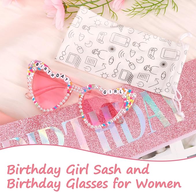 Birthday Girl Sash & Glasses Set, Pink Birthday Sash & Sunglasses, 'BIRTHDAY GIRL' Accessories for Women Girls