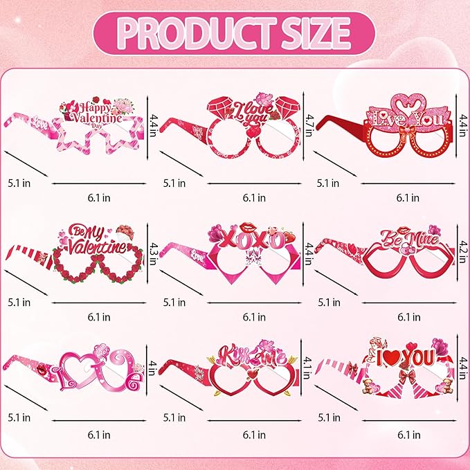 16Pcs Valentine's Day Party Glasses Frames, Sweet Valentine's Day Paper Glasses Valentines Eyeglasses Photo Booth Props for Valentines Party Decorations Supplies