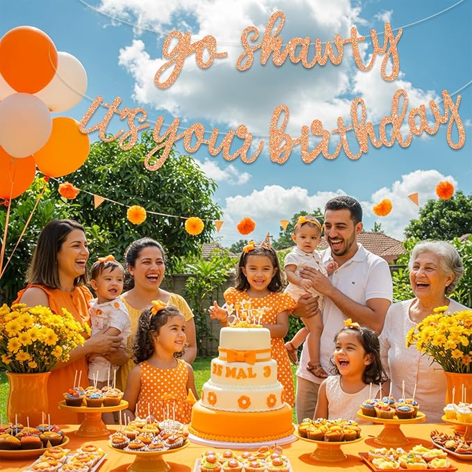 BEISHIDA Go Shawty It's Your Birthday Banner NO DIY Hip Hop Theme Happy Birthday Banner Pre-Strung Rap Theme Happy Birthday Sign for Man Women birthday Party Supply Glitter Light Orange