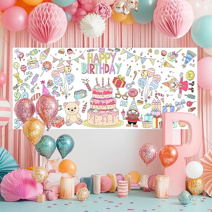 Happy Birthday Giant Coloring Poster 71 x 31 inches Large Birthday Party Coloring Tablecloth for Kids, DIY Cake Balloons Hats Banners Coloring Party Activity Poster & Table Cover,Jumbo Coloring Banner