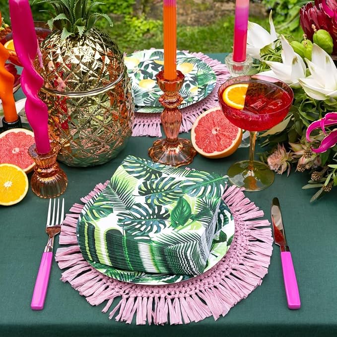 Talking Tables 240 x 3ply Tropical Cocktail Napkins Disposable Paper Palm Leaf Serviettes for Kid's Jungle Party, Hawaiian Theme, Luau, Summer, Picnic, Decoupage, Green, Party Supplies