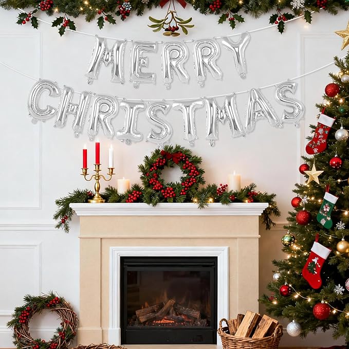 Silver Merry Christmas Letter Balloons Banner, Merry Christmas Foil Xmas Balloon for Xmas Party Decorations (Silver)