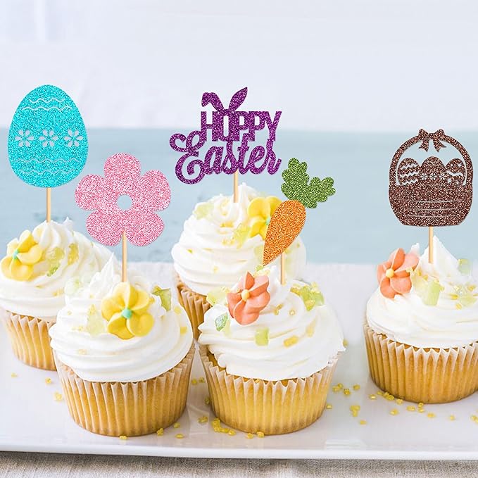 Ercadio 28Pcs Happy Easter Cupcake Toppers Glitter Bunny Easter Eggs Carrot Rabbit Chick Cupcake Picks for Happy Easter Cupcake Decors Easter Baby Shower Birthday Wedding Party Supplies