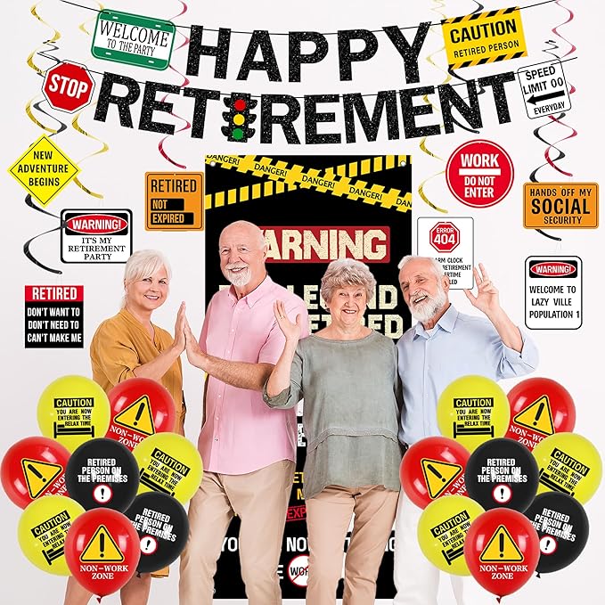 Roetyce Retirement Decorations Men Women, Caution Logos Happy Retirement Banner Balloons Hanging Swirls Kit, Funny Legend Retired Party Supplies Backdrop for Coworker Family, Retired Door Wall Signs
