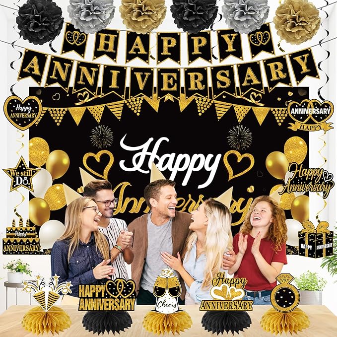 Happy Anniversary Decorations Kit - Black Gold Wedding Party Supplies - Large Banner, Backdrop, Table Centerpieces, Hanging Swirl, Paper Pompoms Decors