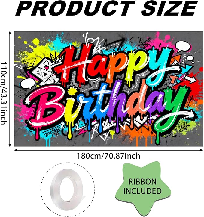 Vibrant Dripping Graffiti Happy Birthday Banner, Large Colorful Backdrop for Kid Teen Party Decor