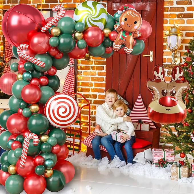 Christmas Balloon Garland Kit, 108PCS Retro Dark Green Red Gold Balloons Arch with 4D Balloons, Xmas Candy Cane Gingerbread Windmill Foil Balloons for Christmas New Year Winter Party Decorations