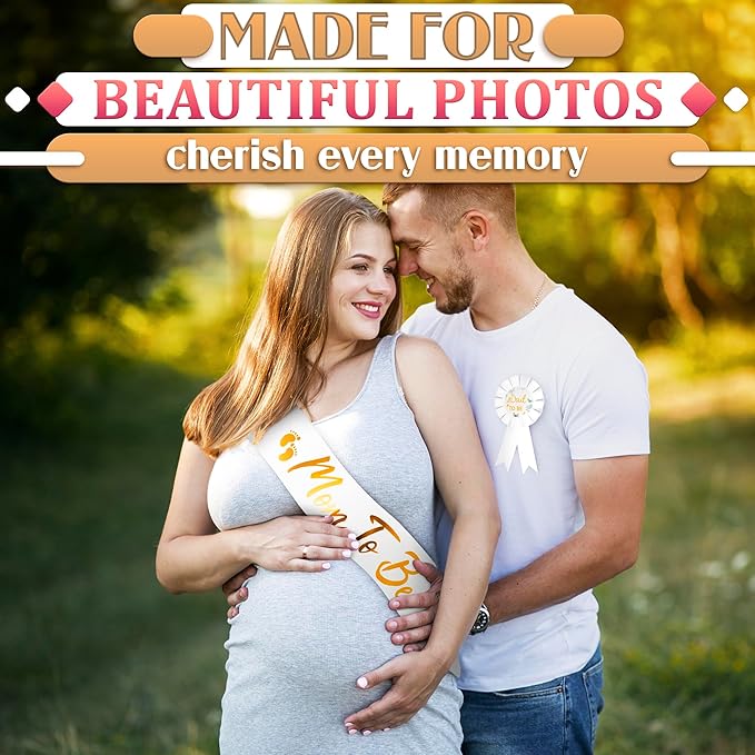 Mom to Be Sash Baby Shower - Soft Satin Mommy to Be Sash for Baby Shower & Dad to Be Pin, Exquisite Sage Greenery Ornament & Gold Letters - Gender Reveal Decorations Neutral Colors for Boys & Girls