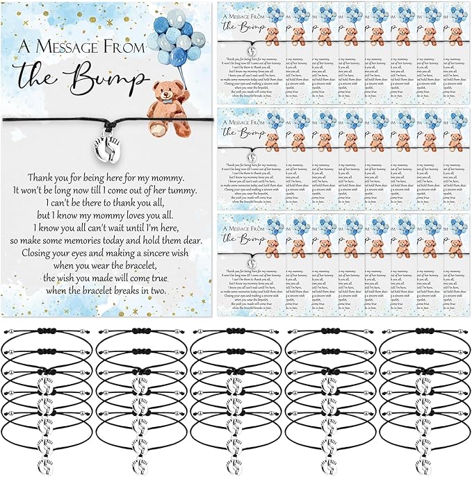 Thyle 25 Set Blue Bear Baby Shower Favors for Guests Adjustable Bracelets with Message from The Bump Card Footprints Charm Baby Shower Bracelets for Gender Reveal Thank You Gifts