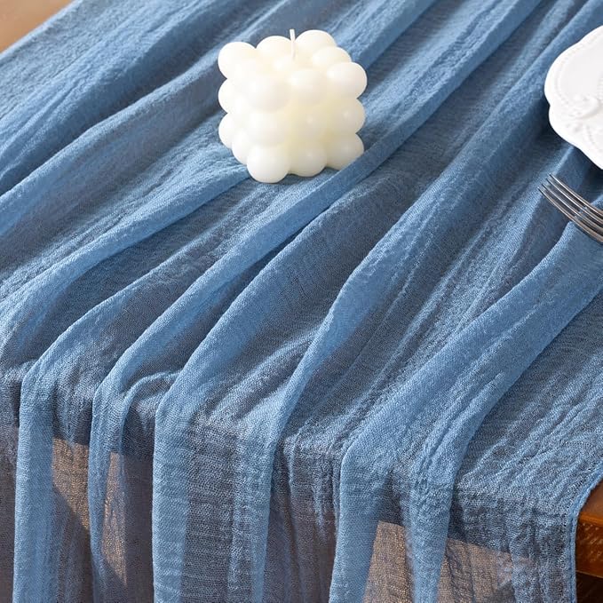 Socomi Dusty Blue Easter Spring Gauze Cheesecloth Table Runner 120 Inch Rustic Boho Cheese Cloth Runner for Wedding Party Baby Bridal Shower Centerpiece Decoration Holiday Home Decorations