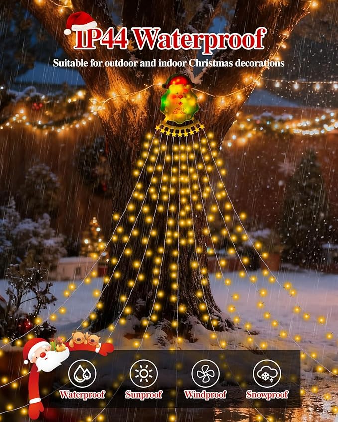 Christmas Waterfall Outdoor String Lights, Christmas Tree Lights with Topper 335 LED 11.48ft 9 Strands, 8 Lighting Modes Holiday New Year Decoration Lights for Wedding Yard Party Home Indoor Decor