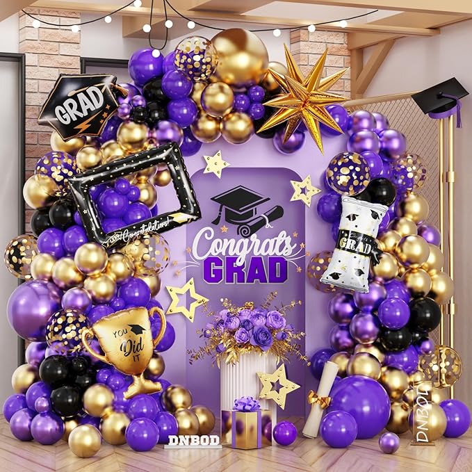135Pcs Graduation Balloon Garland Arch Kit for Class of 2025 Graduates (Purple, Gold, Black)