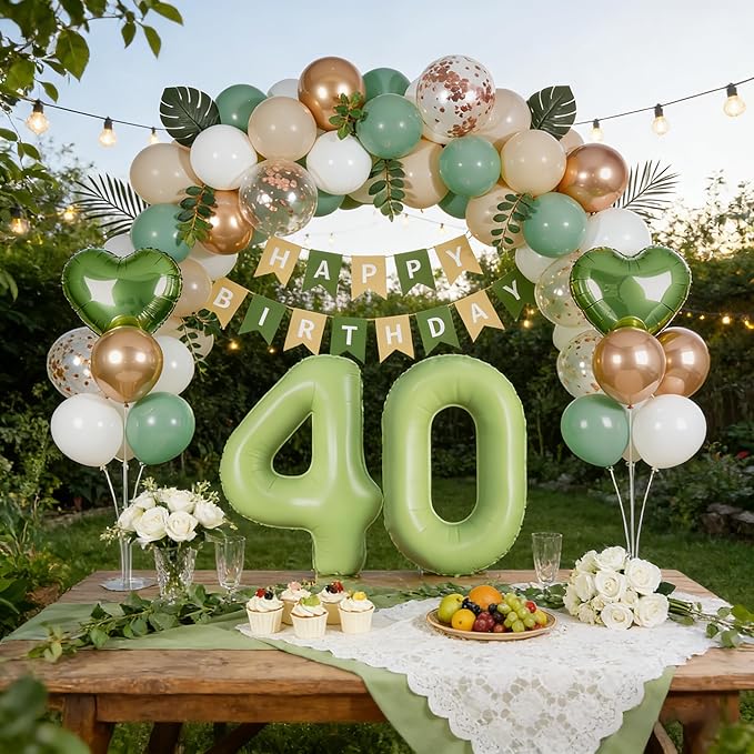 Sage Green 40th Birthday Decorations, Fabulous 40 Party Supplies for Women Men, Sand White & Cream Balloon Kit with Green Number 40 Balloon and Fringe Curtains