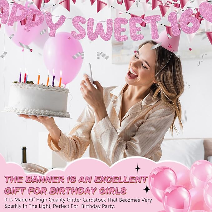Fulmoon Pre Strung Happy Sweet 16 Banner Glitter Sixteenth Birthday Party Decorations 16th Party Sign Sweet 16 Party Decorations for Birthday Party Bachelorette Party(Pink)