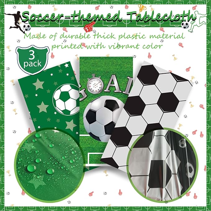 OQOQ Soccer Party Decorations Tablecloths (3 Packs), 108x54 Inches Soccer Birthday Party Decorations Game Plastic Table Cover for Sports Theme Party Supplies