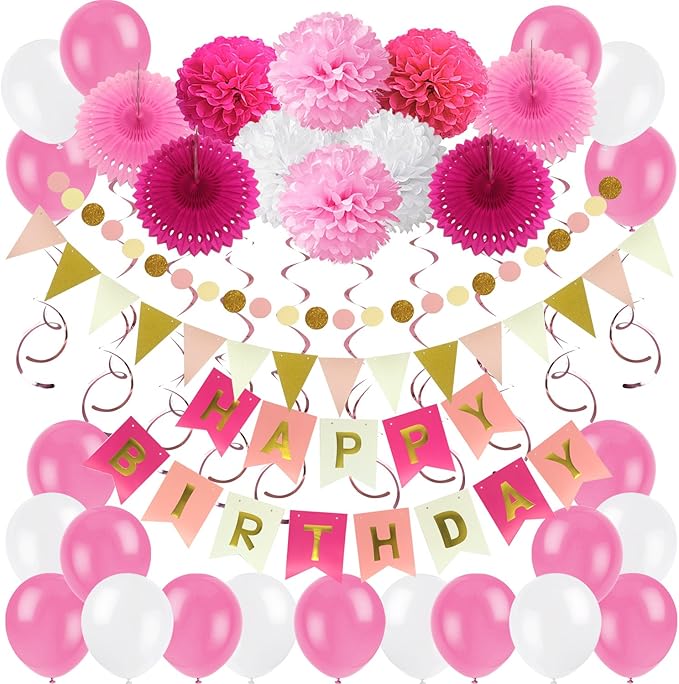 ZERODECO Birthday Decoration Set - Happy Birthday Banner, Paper Fans, Tissue Pom Poms, Hanging Swirls and Balloons in Pink, White and Red