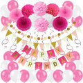 ZERODECO Birthday Decoration Set - Happy Birthday Banner, Paper Fans, Tissue Pom Poms, Hanging Swirls and Balloons in Pink, White and Red