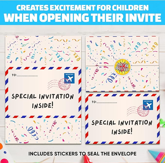 36 Kids Childrens Birthday Party Invitations with Folding Envelope Design and Holographic Stickers (Blue)