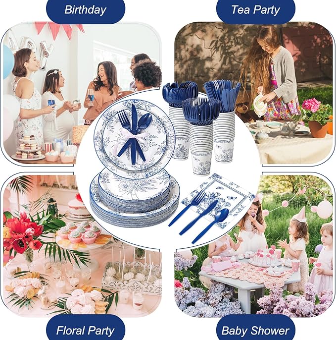 350 Pcs Tea Party Supplies Spring Summer Blue Floral Party Tableware Set Disposable Plates Napkins Paper Cups Plastic Cutlery Set for Birthday Bridal Baby Shower Serves 50